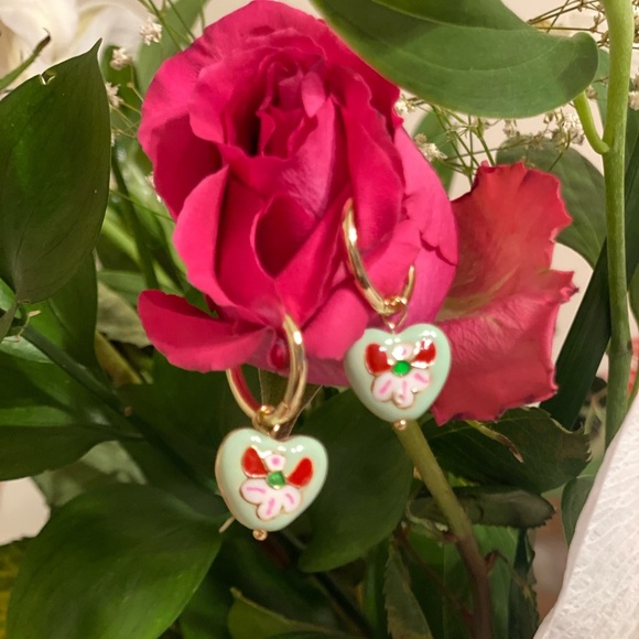 🌸💚✨ Hand-Painted Heart Charm Hoop Earrings - Atterri | Woman-Owned ✨💚🌸 - Picture 3 of 7